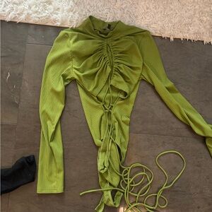 Ribbed Olive Green Drawstring Long Sleeve Top